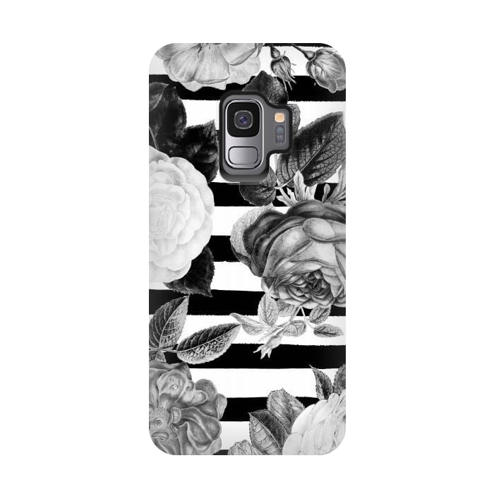 Galaxy S9 StrongFit Black and white roses botanical illustration on black stripes by Oana 