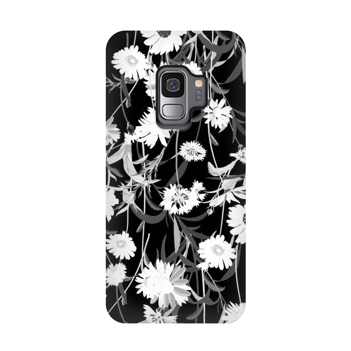 Galaxy S9 StrongFit White daisies botanical illustration on black background by Oana 