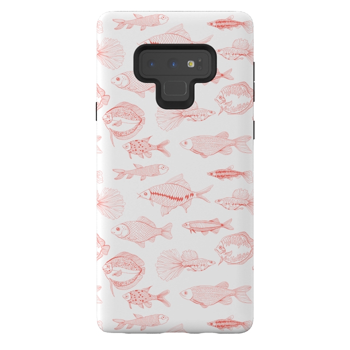Galaxy Note 9 StrongFit Fishes in living coral color, hand drawn pattern by Katerina Kirilova