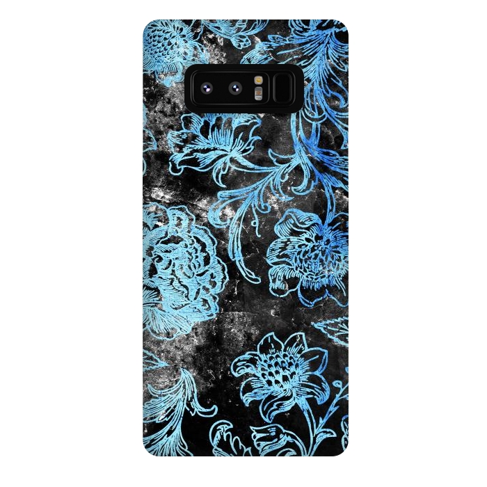 Galaxy Note 8 StrongFit Blue line art flowers on black marble by Oana 