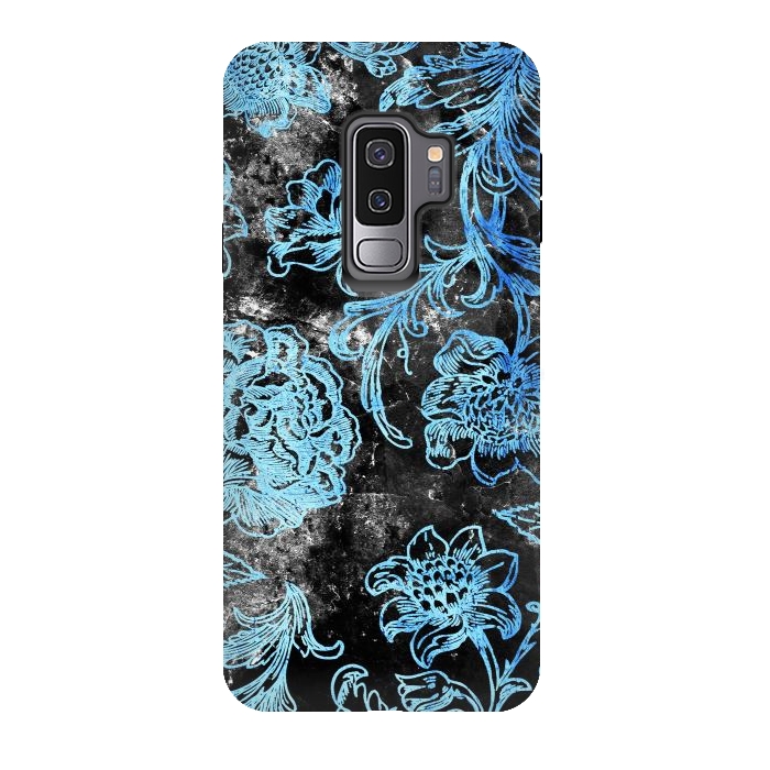 Galaxy S9 plus StrongFit Blue line art flowers on black marble by Oana 