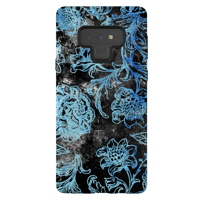 Galaxy Note 9 StrongFit Blue line art flowers on black marble by Oana 