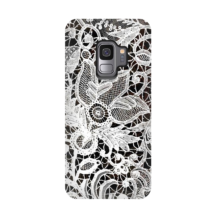 Galaxy S9 StrongFit White floral vintage lace on black by Oana 