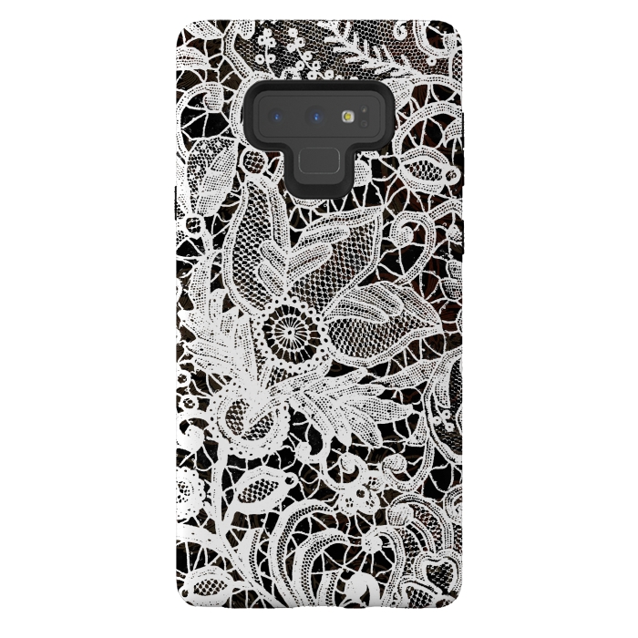 Galaxy Note 9 StrongFit White floral vintage lace on black by Oana 