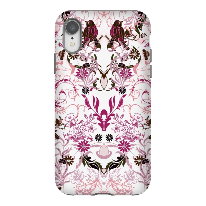 iPhone Xr StrongFit Blush pink and fuchsia flowers, foliage and birds by Oana 