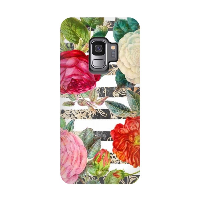 Galaxy S9 StrongFit Colorful roses botanical illustration on white stripes by Oana 
