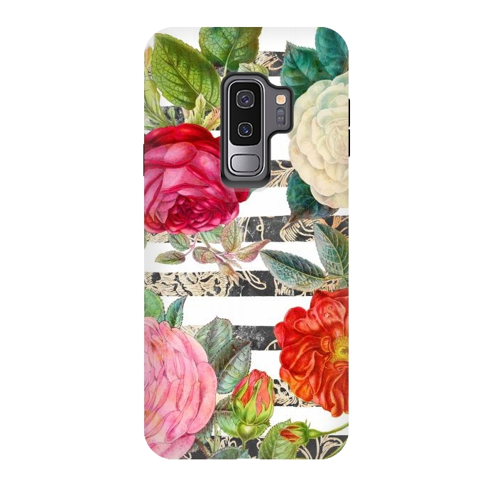 Galaxy S9 plus StrongFit Colorful roses botanical illustration on white stripes by Oana 