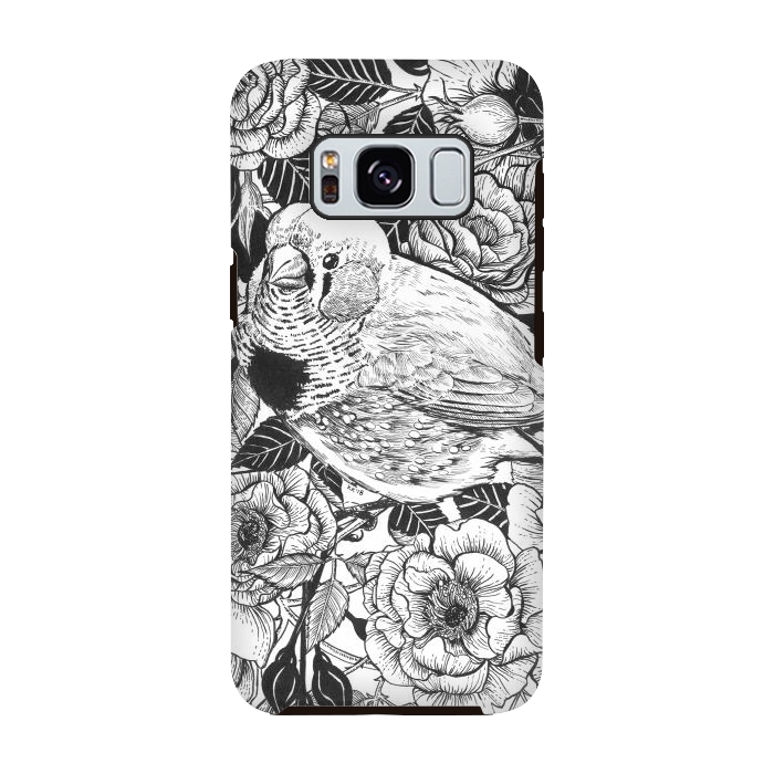 Galaxy S8 StrongFit Zebra finch and rose bush ink drawing by Katerina Kirilova