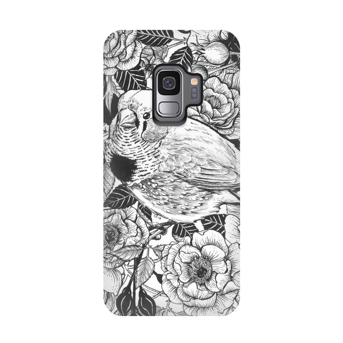 Galaxy S9 StrongFit Zebra finch and rose bush ink drawing by Katerina Kirilova