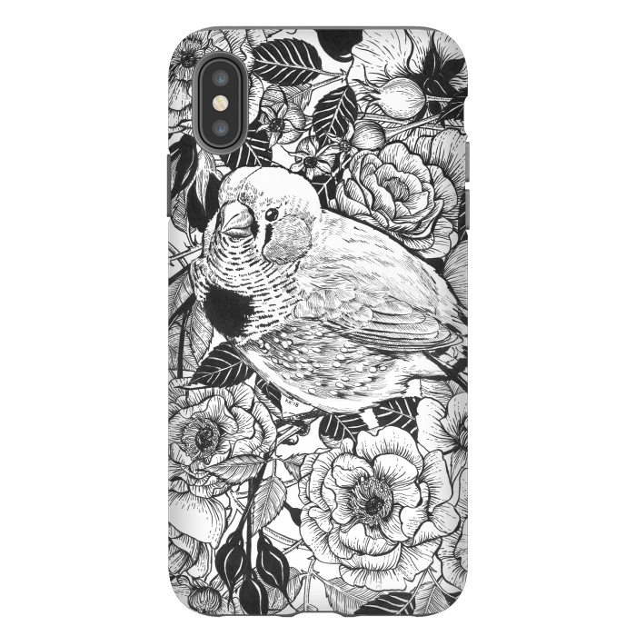 iPhone Xs Max StrongFit Zebra finch and rose bush ink drawing by Katerina Kirilova