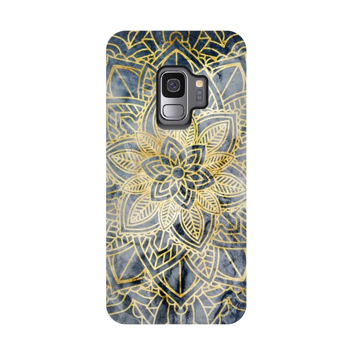 Galaxy S9 StrongFit Golden mandala petals on navy marble by Oana 