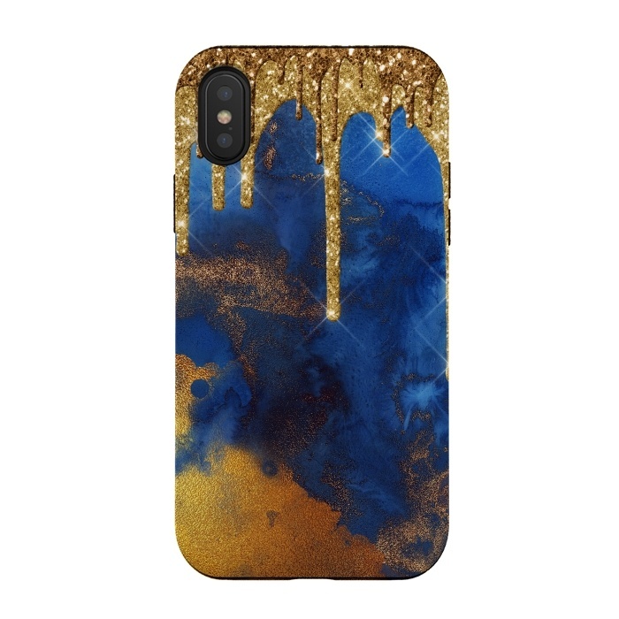 iPhone Xs / X StrongFit Raining Gold Glitter and Foil on Indigo Marble Ink by  Utart