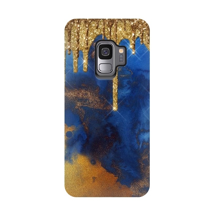 Galaxy S9 StrongFit Raining Gold Glitter and Foil on Indigo Marble Ink by  Utart