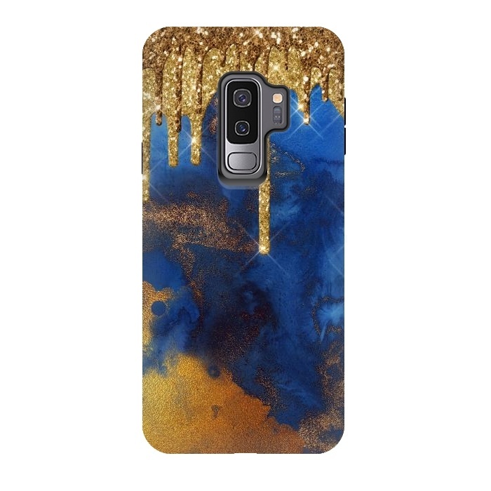 Galaxy S9 plus StrongFit Raining Gold Glitter and Foil on Indigo Marble Ink by  Utart