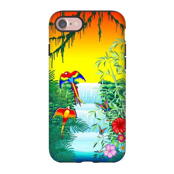 iPhone 7 StrongFit Waterfall Macaws and Butterflies on Exotic Landscape by BluedarkArt