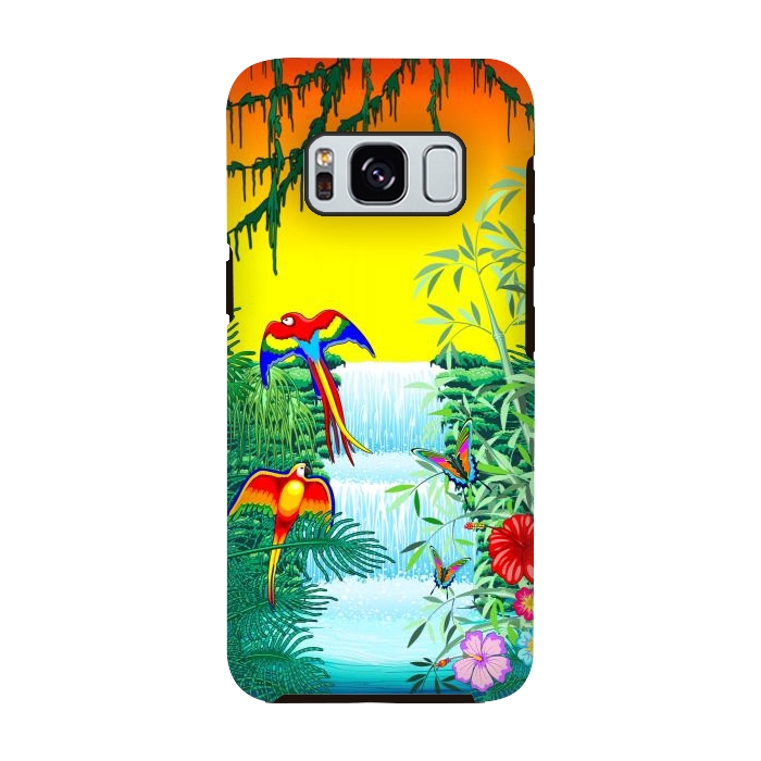 Galaxy S8 StrongFit Waterfall Macaws and Butterflies on Exotic Landscape by BluedarkArt
