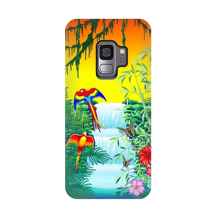 Galaxy S9 StrongFit Waterfall Macaws and Butterflies on Exotic Landscape by BluedarkArt