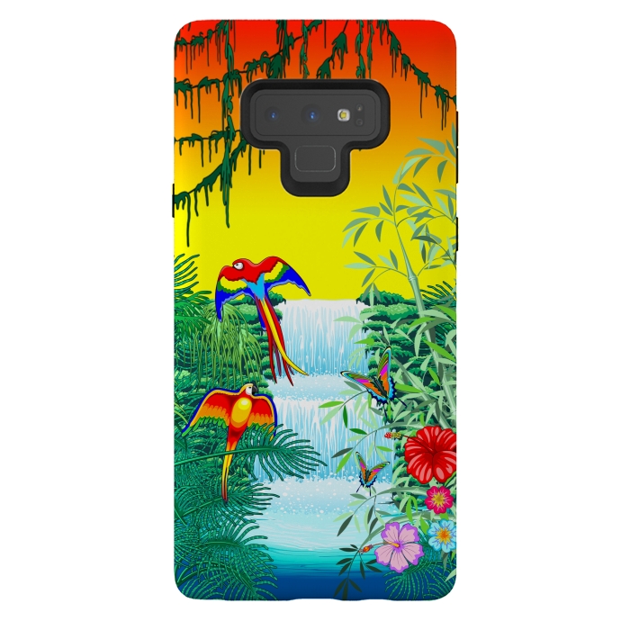 Galaxy Note 9 StrongFit Waterfall Macaws and Butterflies on Exotic Landscape by BluedarkArt