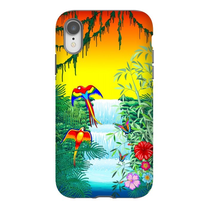 iPhone Xr StrongFit Waterfall Macaws and Butterflies on Exotic Landscape by BluedarkArt