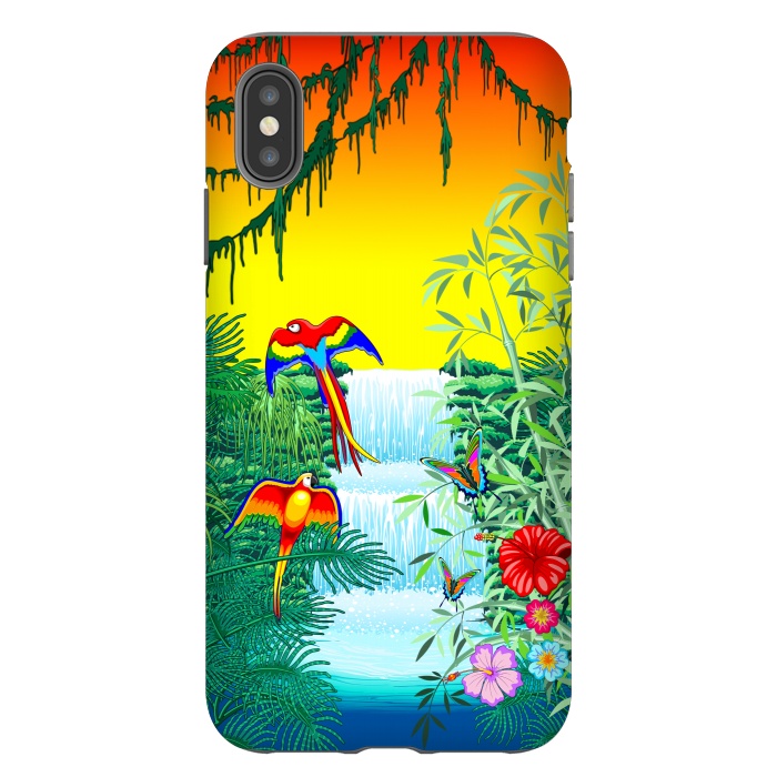 iPhone Xs Max StrongFit Waterfall Macaws and Butterflies on Exotic Landscape by BluedarkArt