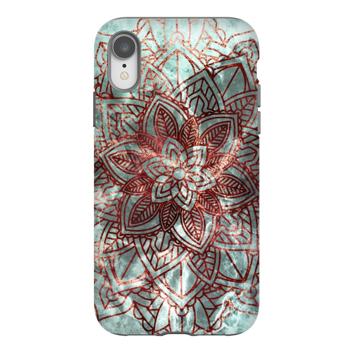 iPhone Xr StrongFit Rust metallic mandala on turquoise marble by Oana 