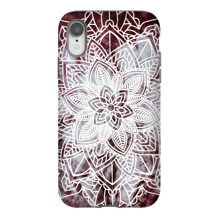 iPhone Xr StrongFit white line art floral mandala on burgundy marble by Oana 