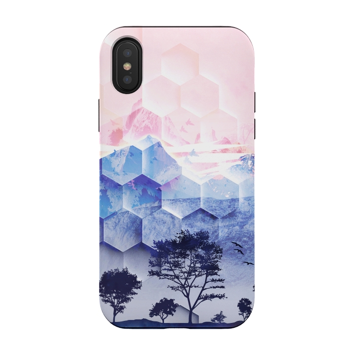 iPhone Xs / X StrongFit Pink blue geometric mountain utopic landscape and trees by Oana 