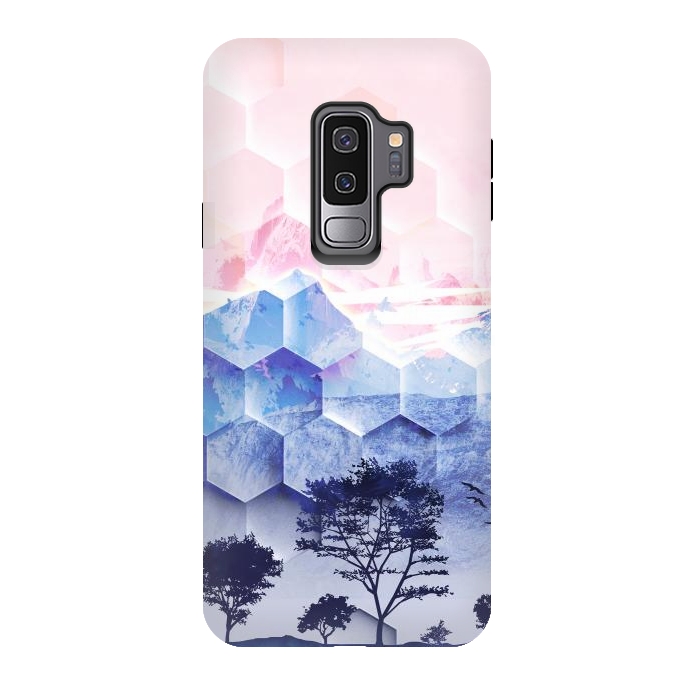 Galaxy S9 plus StrongFit Pink blue geometric mountain utopic landscape and trees by Oana 