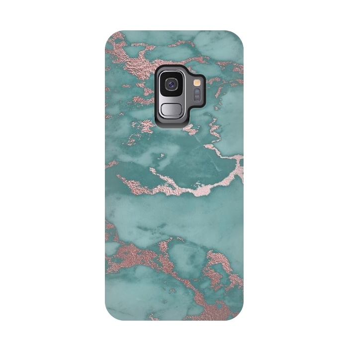 Galaxy S9 StrongFit Teal and Rosegold Marble by  Utart