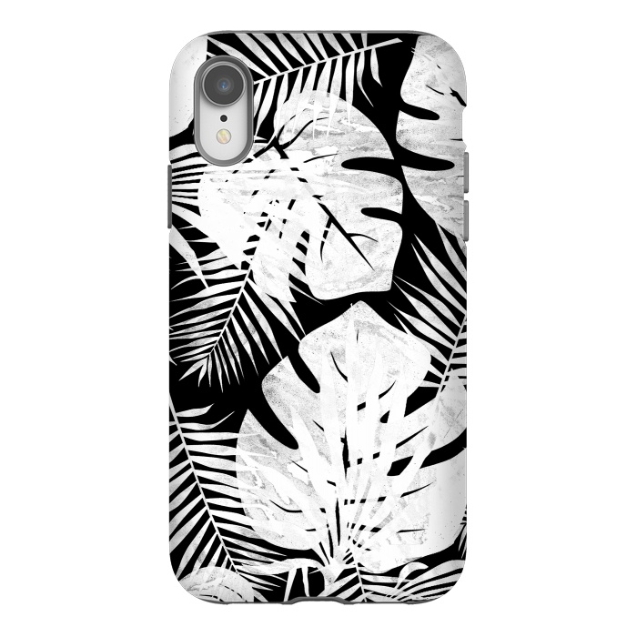 iPhone Xr StrongFit White textured jungle leaves on black backround by Oana 