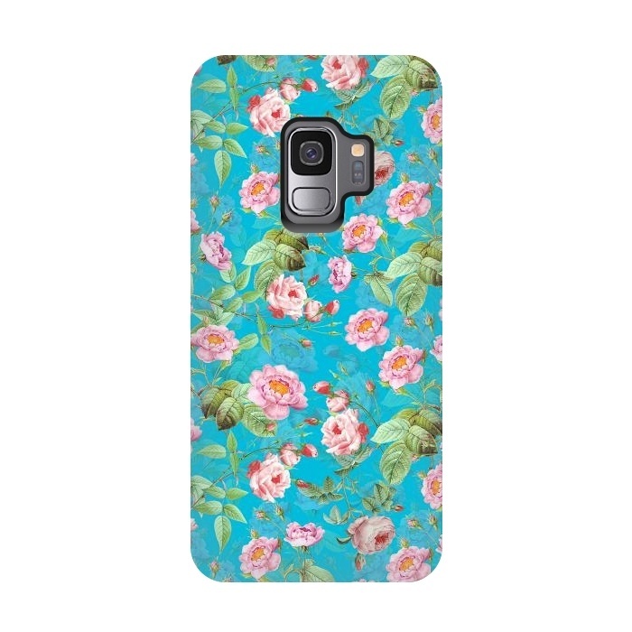 Galaxy S9 StrongFit Blush Rose Garden on Teal - vintage flower drawing by  Utart
