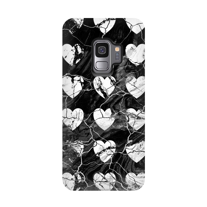 Galaxy S9 StrongFit Black and white marble hearts pattern by Oana 