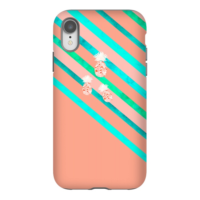 iPhone Xr StrongFit Peach and Blue Pineapple Stripes by Amaya Brydon