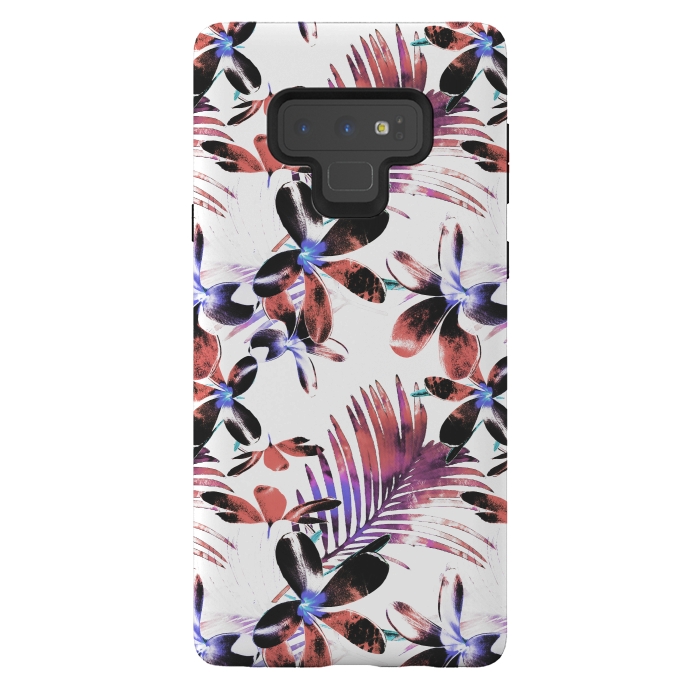 Galaxy Note 9 StrongFit Pink purple tropical hibiscus and palm leaves by Oana 