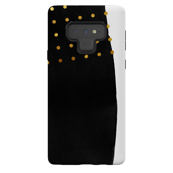 Galaxy Note 9 StrongFit Black Abstract Watercolor Brushstroke with Gold Polka Dots by amini54