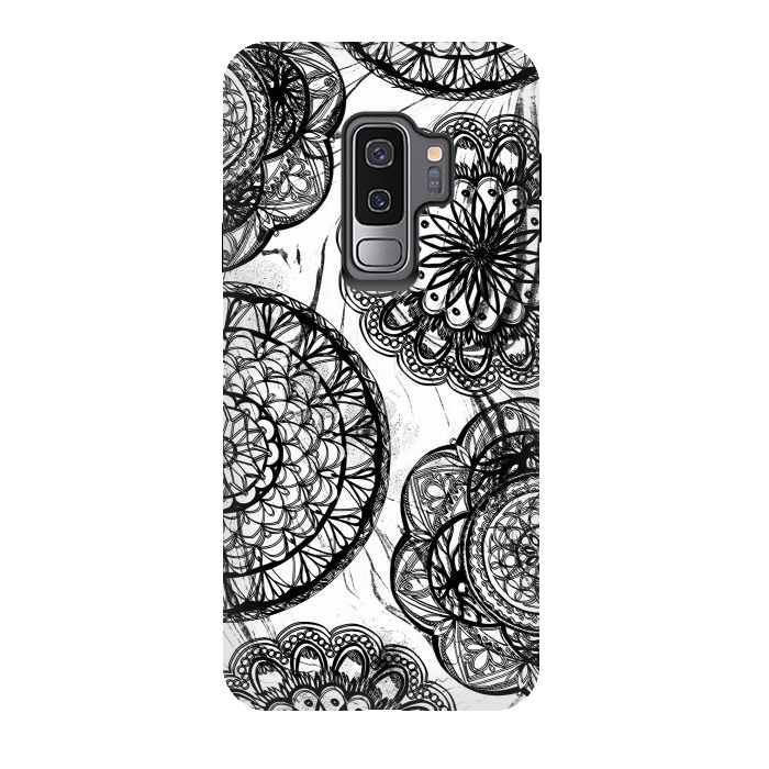 Galaxy S9 plus StrongFit Black line art lace mandalas on white marble by Oana 