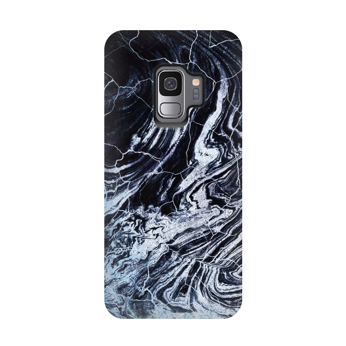 Galaxy S9 StrongFit Dark navy textured marble painting by Oana 