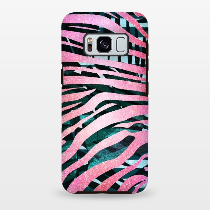 Galaxy S8 plus StrongFit Pink zebra stripes on tropical foliage by Oana 