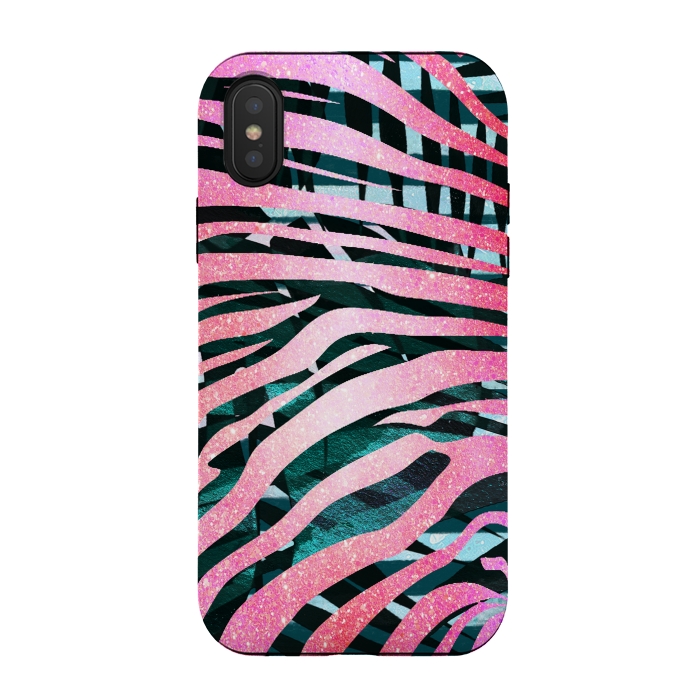 iPhone Xs / X StrongFit Pink zebra stripes on tropical foliage by Oana 