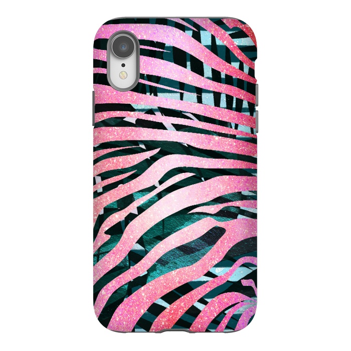 iPhone Xr StrongFit Pink zebra stripes on tropical foliage by Oana 