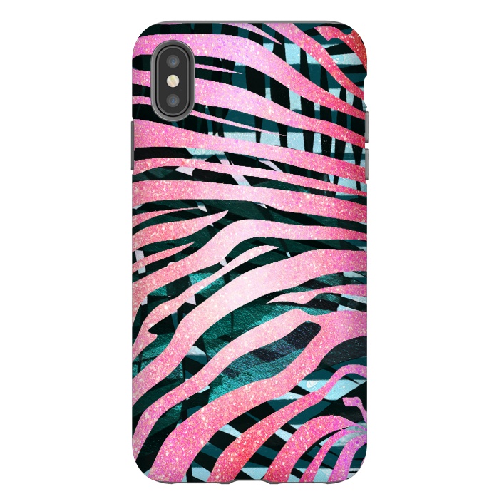 iPhone Xs Max StrongFit Pink zebra stripes on tropical foliage by Oana 