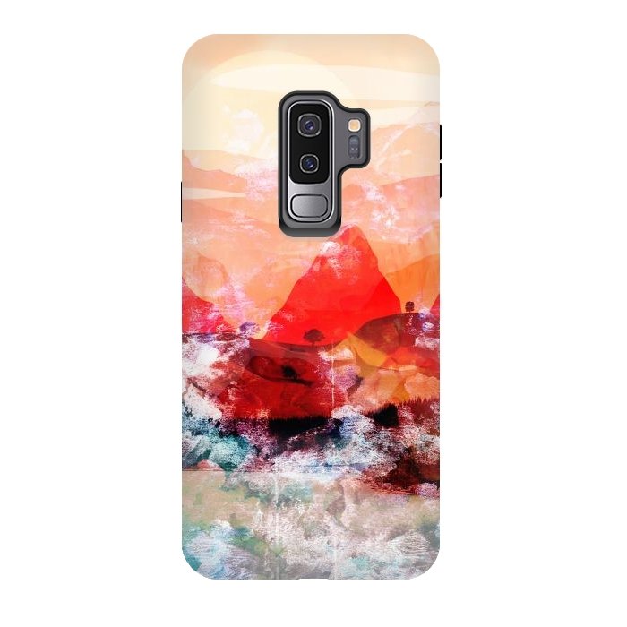 Galaxy S9 plus StrongFit Red peach abstract brushed mountain landscape by Oana 