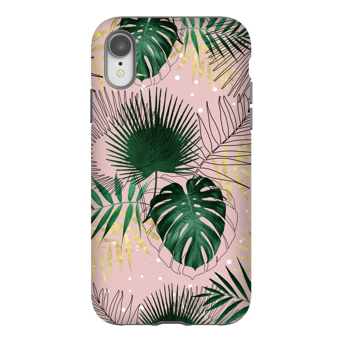 iPhone Xr StrongFit Modern gold tropical leaves and doddles design  by InovArts