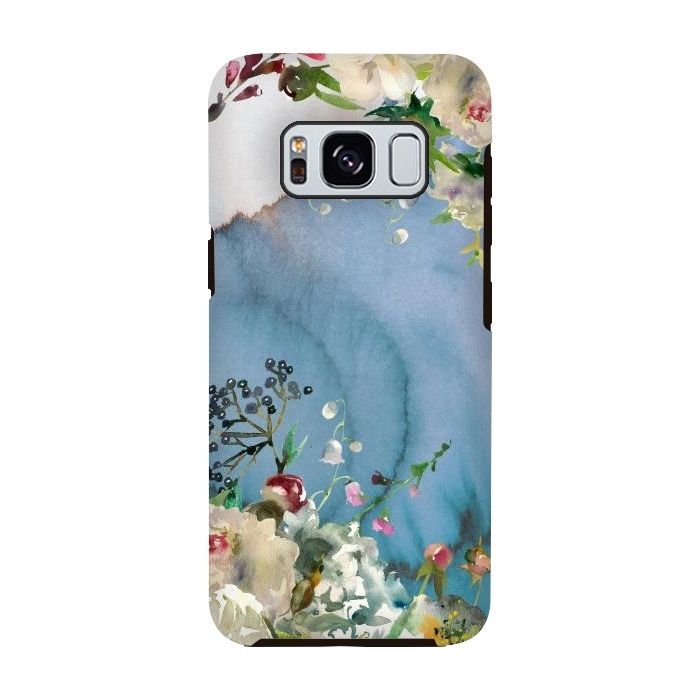 Galaxy S8 StrongFit White florals on blue watercolor ink texture by  Utart