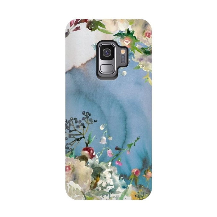 Galaxy S9 StrongFit White florals on blue watercolor ink texture by  Utart