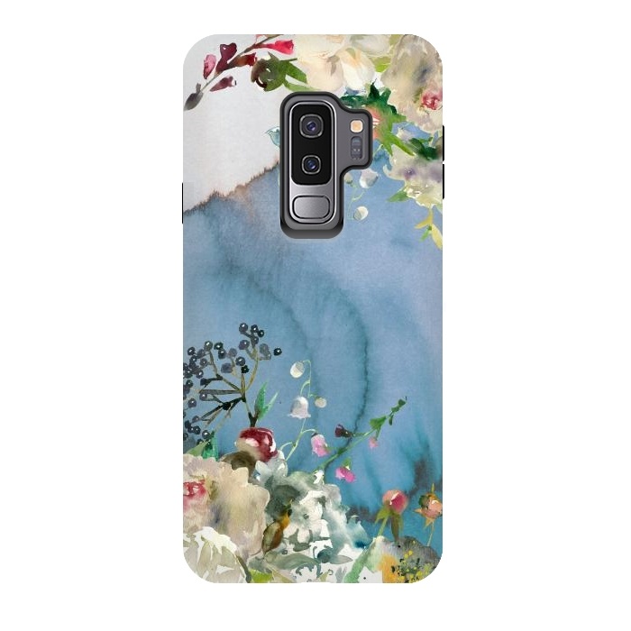 Galaxy S9 plus StrongFit White florals on blue watercolor ink texture by  Utart