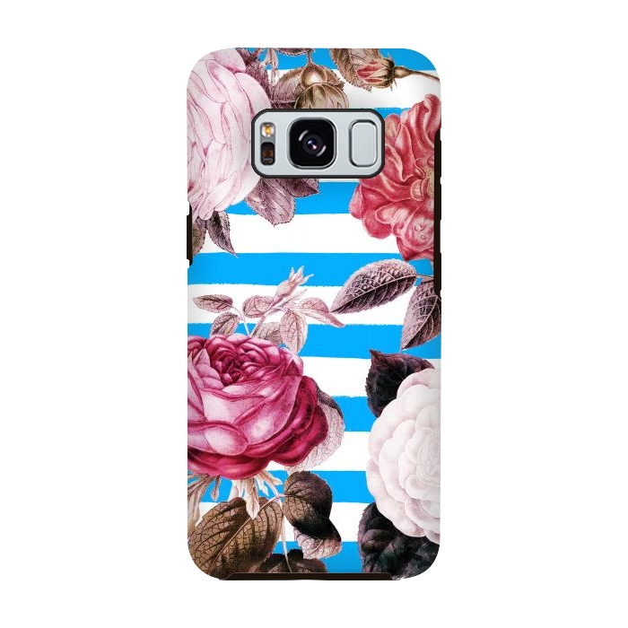 Galaxy S8 StrongFit Vintage roses illustration on blue and white stripes by Oana 