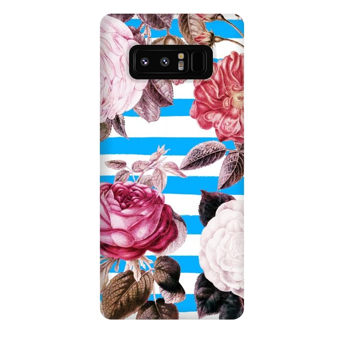 Galaxy Note 8 StrongFit Vintage roses illustration on blue and white stripes by Oana 