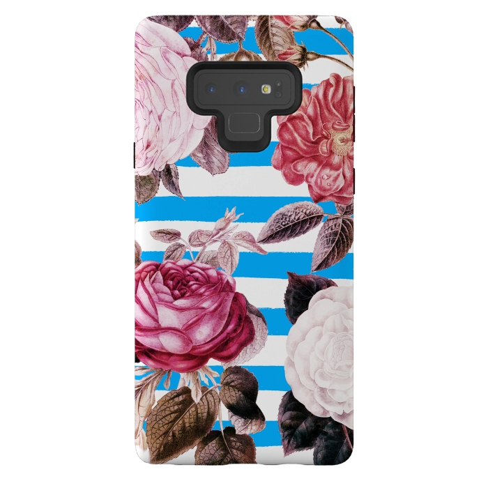 Galaxy Note 9 StrongFit Vintage roses illustration on blue and white stripes by Oana 