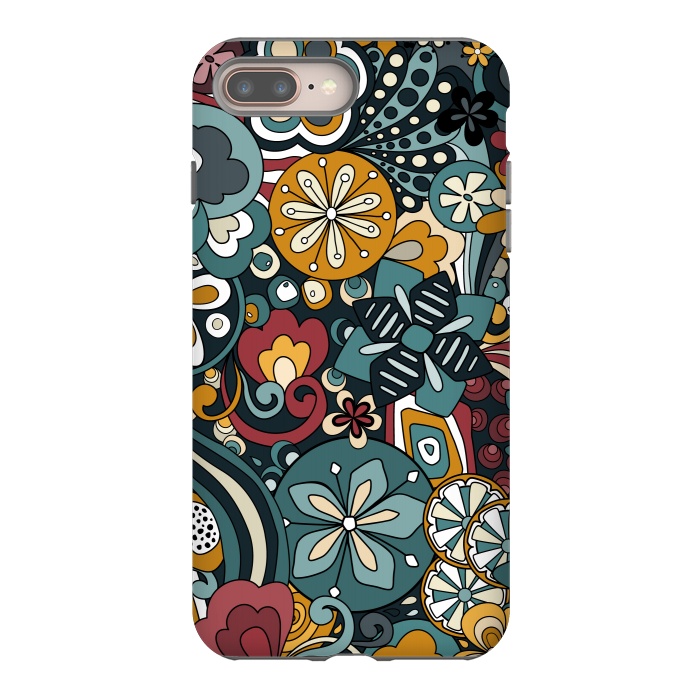 iPhone 7 plus StrongFit Retro Moody Florals in Blue, Red and Mustard by Paula Ohreen